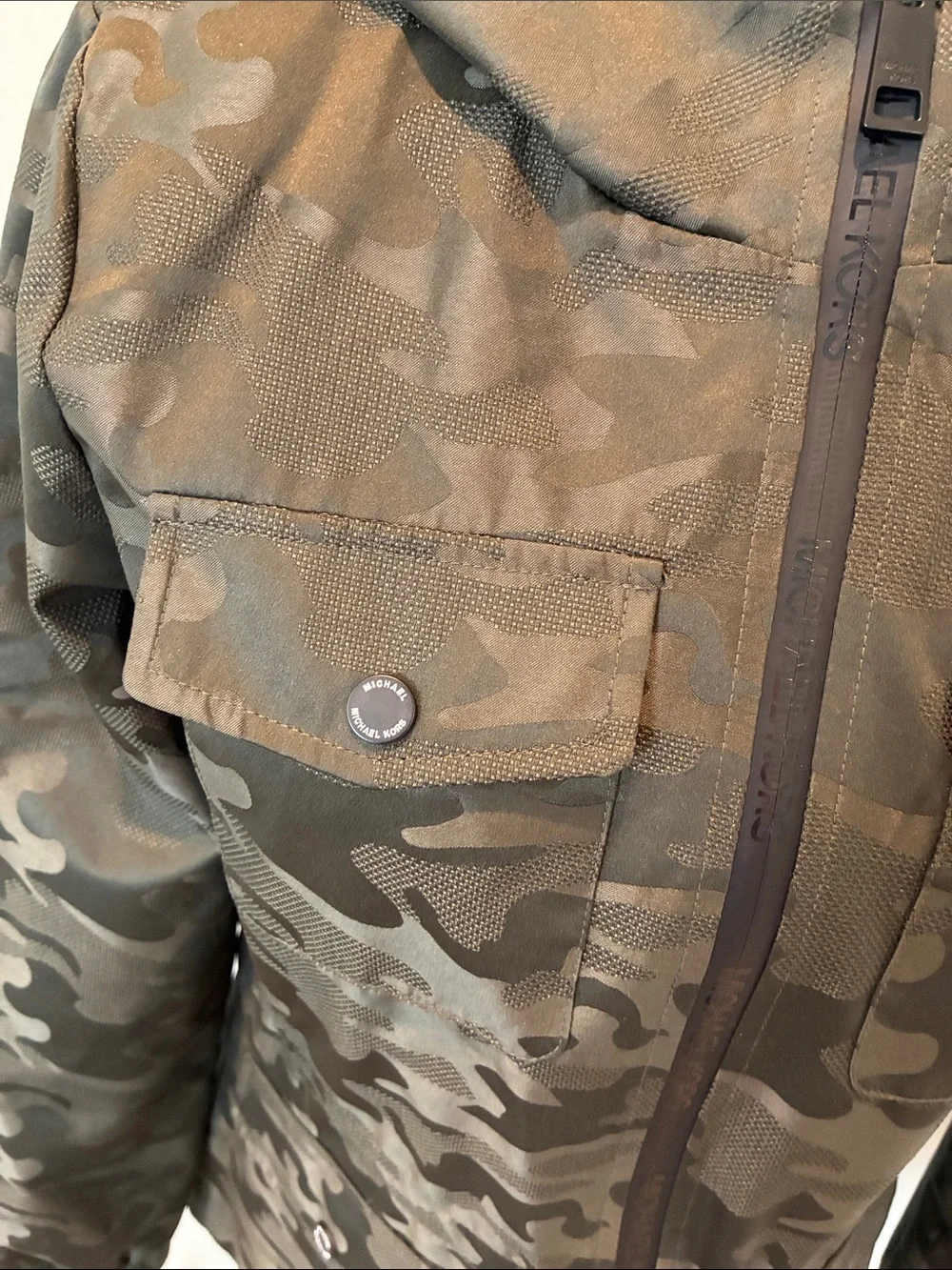 Michael Kors Olive Green Camo Hooded Utility Jacket